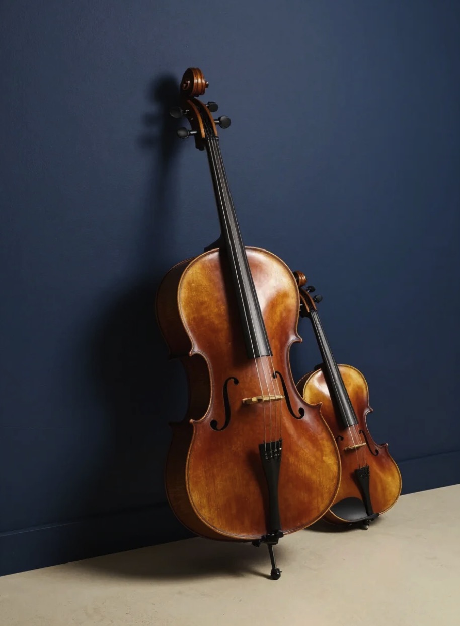 Cello and violin resting together against a deep blue wall