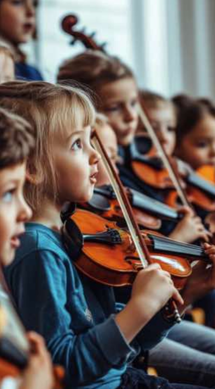 Young violin students playing together in an ensemble